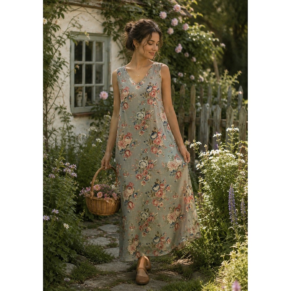 Vintage 90's Original TY Wear Vintage Floral Linen Blend Maxi Dress cottagecore